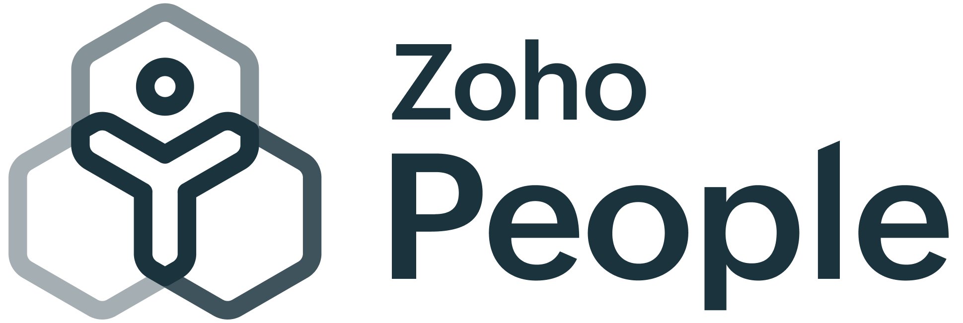 Zoho People logo with three connected hexagons forming a stylized person and the text 'Zoho People'.