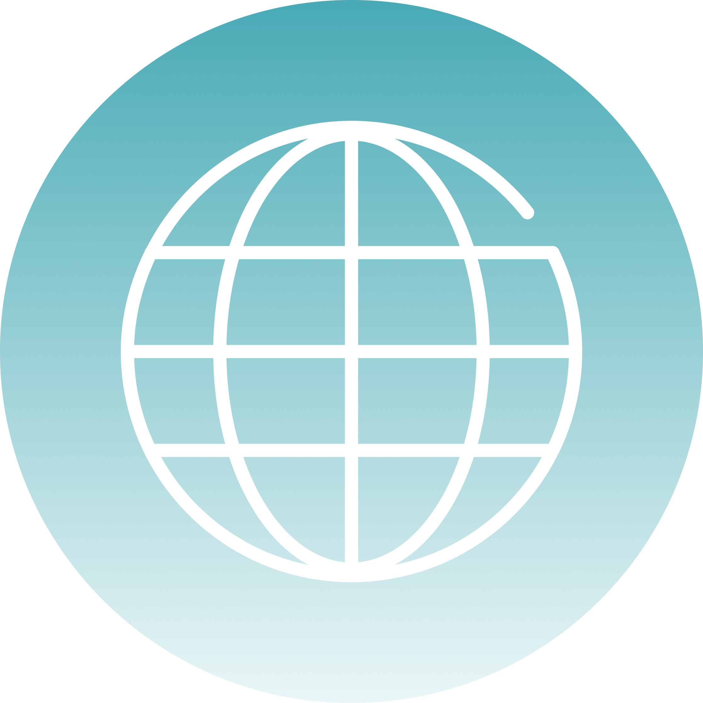 White globe icon with latitude and longitude lines on a blue gradient circular background.